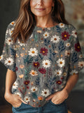 Women's Vintage Floral Art Print Casual Crew Neck Short Sleeve Knitted Sweater