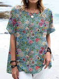 Women's Elegant Retro Floral Pattern Round Neck Cotton and Linen Top