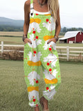 Women's Funny Chicken Art Print Casual Wide Leg Jumpsuit