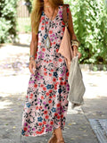 Women's Elegant Floral Pattern Cotton and Linen Loose Vest Cotton and Linen Dress