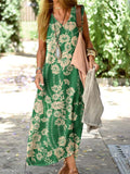 Women's Resort Style Floral Pattern Vest Style Loose Cotton and Linen Dress
