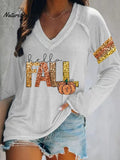 Women's Sequin Pumpkin Autumn Print V-Neck T-Shirt