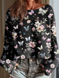 Women's Vintage Floral Butterfly Pattern Art Print Casual Pullover Sweater