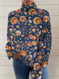 Vintage Ethnic Art Flower Print Knit Turtleneck Pullover Sweater