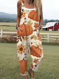Women's Autumn Pumpkin Vintage Art Print Casual Cotton Wide Leg Jumpsuit