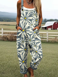 Women's Vintage Flower Art Print Casual Wide Leg Jumpsuit
