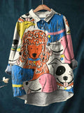 Vintage Lovely Dogs Art Print Casual Cotton And Linen Shirt
