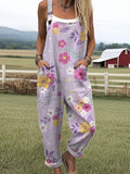 Women's Vintage Flower Art Print Casual Wide Leg Jumpsuit