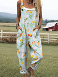 Women's Art Cartoon Bunny Carrot Print Casual Wide Leg Jumpsuit