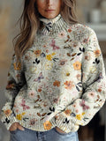 Women's Vintage Floral Art Print Knit Turtleneck Pullover Sweater