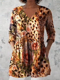 Women's Retro Leopard Floral Art Print Casual Cotton And Linen V-neck Top