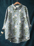 Sweet Daisy Field Pattern Printed Women's Casual Cotton And Linen Shirt