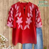 100% Cotton Timeless Red/Green Embroidered Blouse with Floral Details - Perfect for Casual Outings, Weekends & Summer Women Style Effortless Wear for Teachers Moms Top
