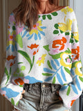 Women's Vintage Flower Art Print Casual Pullover Sweater