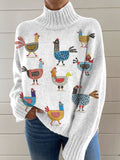 Funny Chicken Art Print Knit Turtleneck Pullover Sweater