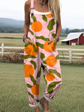 Women's Lovely Orange Art Print Casual Wide Leg Jumpsuit