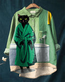 Cute Bathrobe Cat Art Cotton and Linen Casual Shirt
