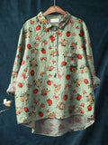 Vintage Lovely Strawberry Floral Art Print Casual Cotton And Linen Shirt