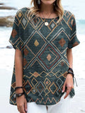 Women's Retro Geometric Pattern Cotton and Linen Crew Neck Top