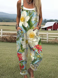 Women's Vintage Flower Art Print Casual Wide Leg Jumpsuit