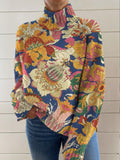 Women's Vintage Ethnic Art Flower Print Knit Turtleneck Pullover Sweater
