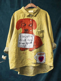 Women's Dog  Art Print Casual Cotton And Linen Shirt