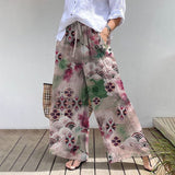Retro Elegant Japanese Watercolor Art Print Cotton Linen Wide Leg Pants