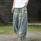 Women's Japanese Art Floral Pocket Loose Casual Pants