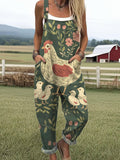 Women's Vintage Flower Funny Chicken Art Print Casual Cotton Wide Leg Jumpsuit