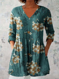 Women's Elegant Floral Pattern Round Neck Cotton and Linen Top