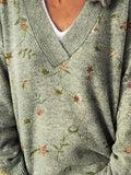 Lovely Floral Art Print Knit V-neck Pullover Sweater