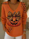 Women's Halloween Pumpkin Art Print Casual Knit Top