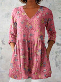 Women's Elegant Floral Pattern Round Neck Cotton and Linen Top