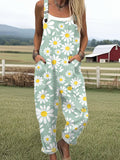 Women's Bee Vintage Flowers Art Print Casual Wide Leg Jumpsuit