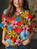 Women's Vintage Flower Art Print Casual Crew Neck Short Sleeve Knitted Sweater