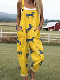 Women's Funny Farm Horse Flower Art Print Casual Wide Leg Jumpsuit