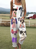 Women's Funny Dog Art Print Casual Wide Leg Jumpsuit