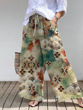 Retro Elegant Japanese Watercolor Art Print Cotton Linen Wide Leg Pants