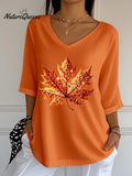 Women's Sequined Maple Leaf Pumpkin Printed Jacquard Fabric Casual V-Neck Top