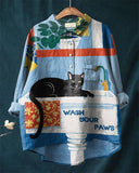Wash Your Paws Cat Art Cotton and Linen Casual Shirt