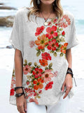 Women's Elegant Vintage Floral Pattern Cotton and Linen Top