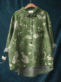 Vintage Lovely Woodland Animals Art Print Casual Cotton And Linen Shirt