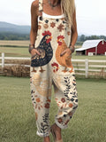 Women's Vintage Flower Funny Chicken Art Print Casual Cotton Wide Leg Jumpsuit