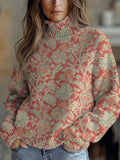 Watercolor Retro Floral Pattern Printed Knit Turtleneck Pullover Sweater