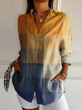 Women's Blue Yellow Gradient Mosaic Abstract Art Print Casual Cotton Shirt