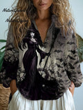 Women's  Halloween Witch  Art  Print Casual Cotton Shirt