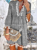Floral Print V-Neck Tassel Stitching Boho Mini Dress