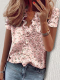 Printed Ruffled V-neck Casual Top